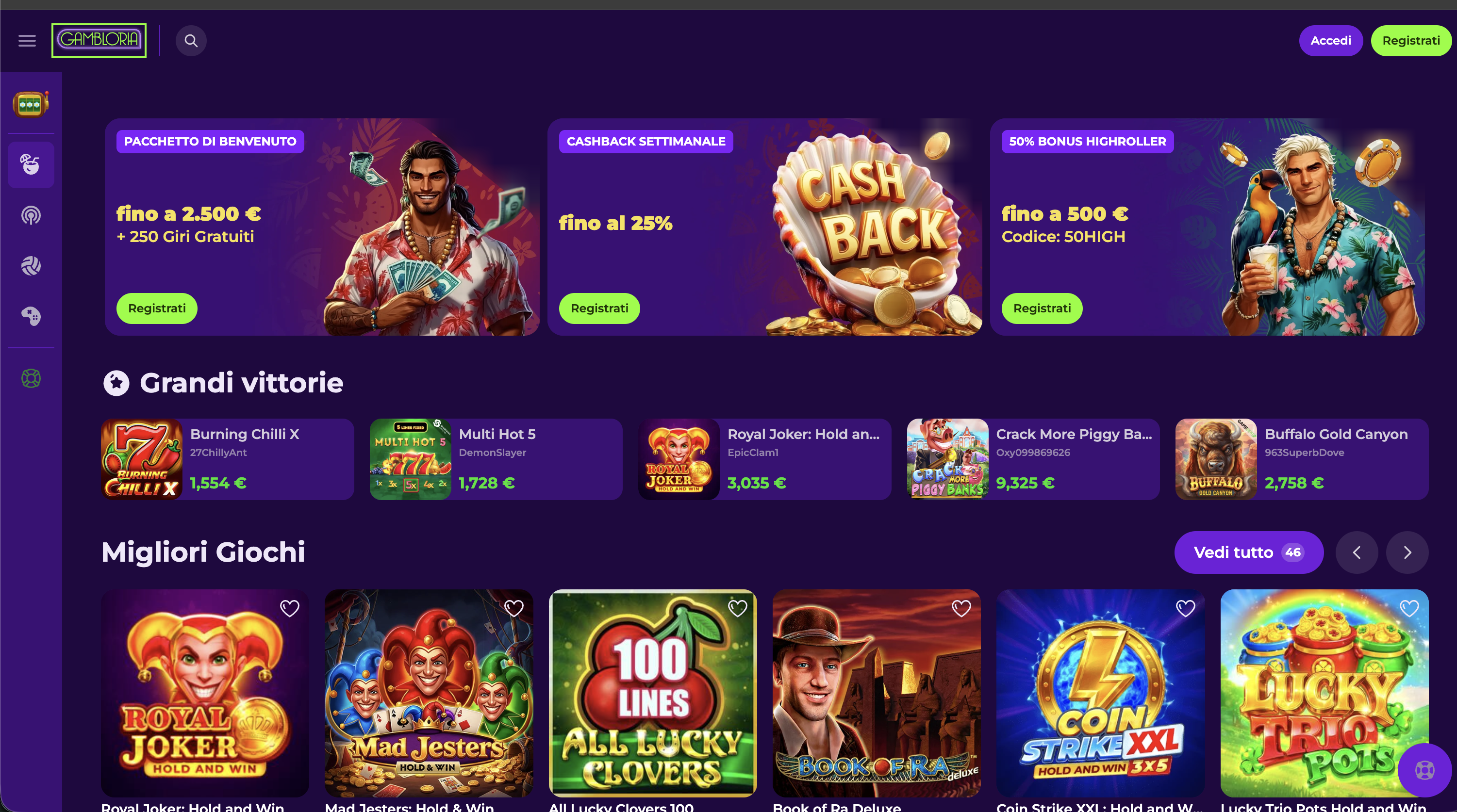 Lobby di Gambloria Casino con sezioni Grandi vittorie e Migliori Giochi e barra delle categorie